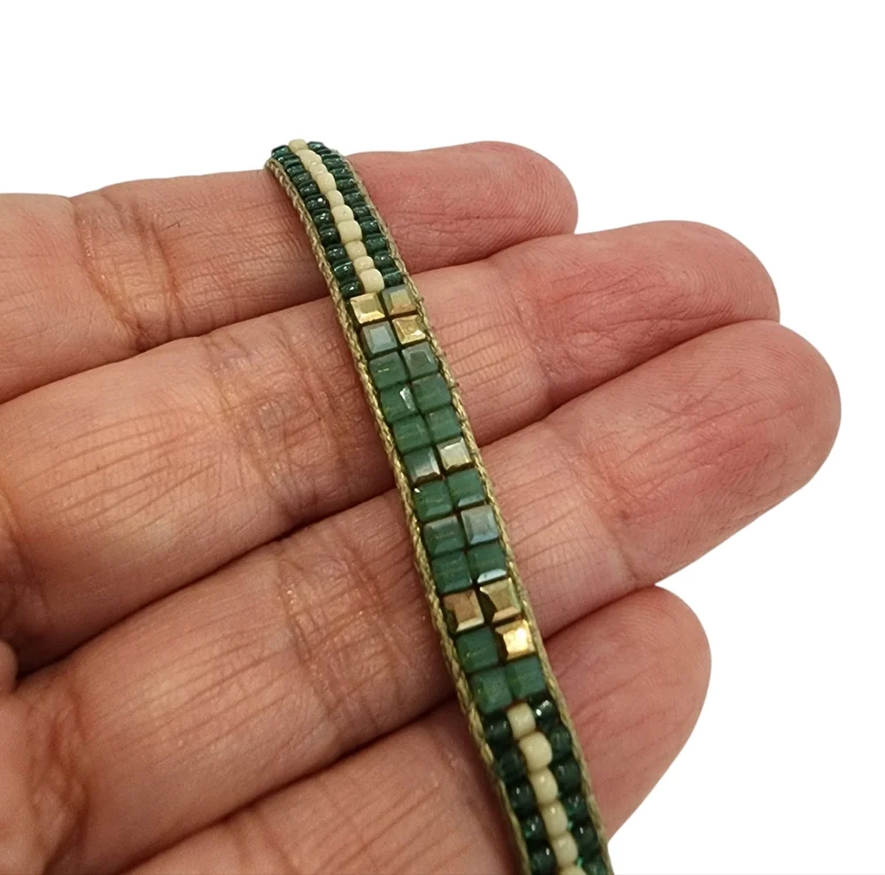 Boho dainty bracelet petite seed beads adjustable length green golden lime gold